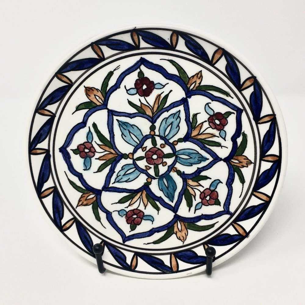 1980s Hand Painted Made in Greece Floral Round Ceramic Plate Wall Decor